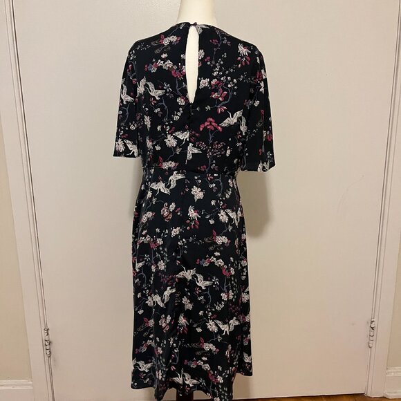 Dark Blue Crane & Blossom Print Midi Dress – Size 48 (fits like a L) - Picture 3 of 11